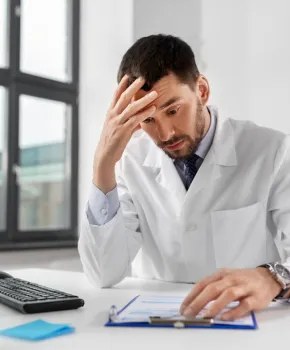 Farmaceuta trzyma się za głowę