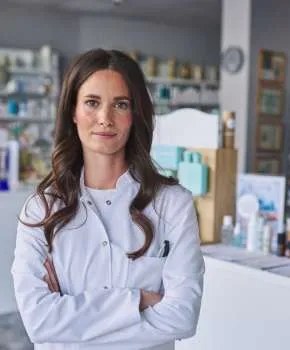 Farmaceutka stoi w aptece z założonymi rękami